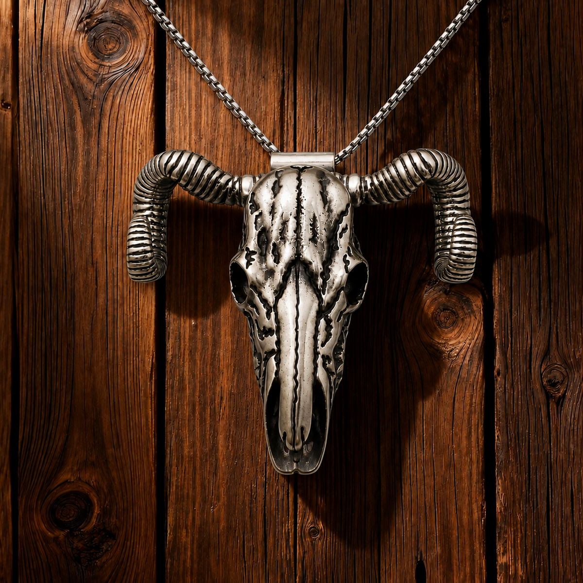 Handcrafted Western Antique Silver Ram Skull Necklace & Belt Clip