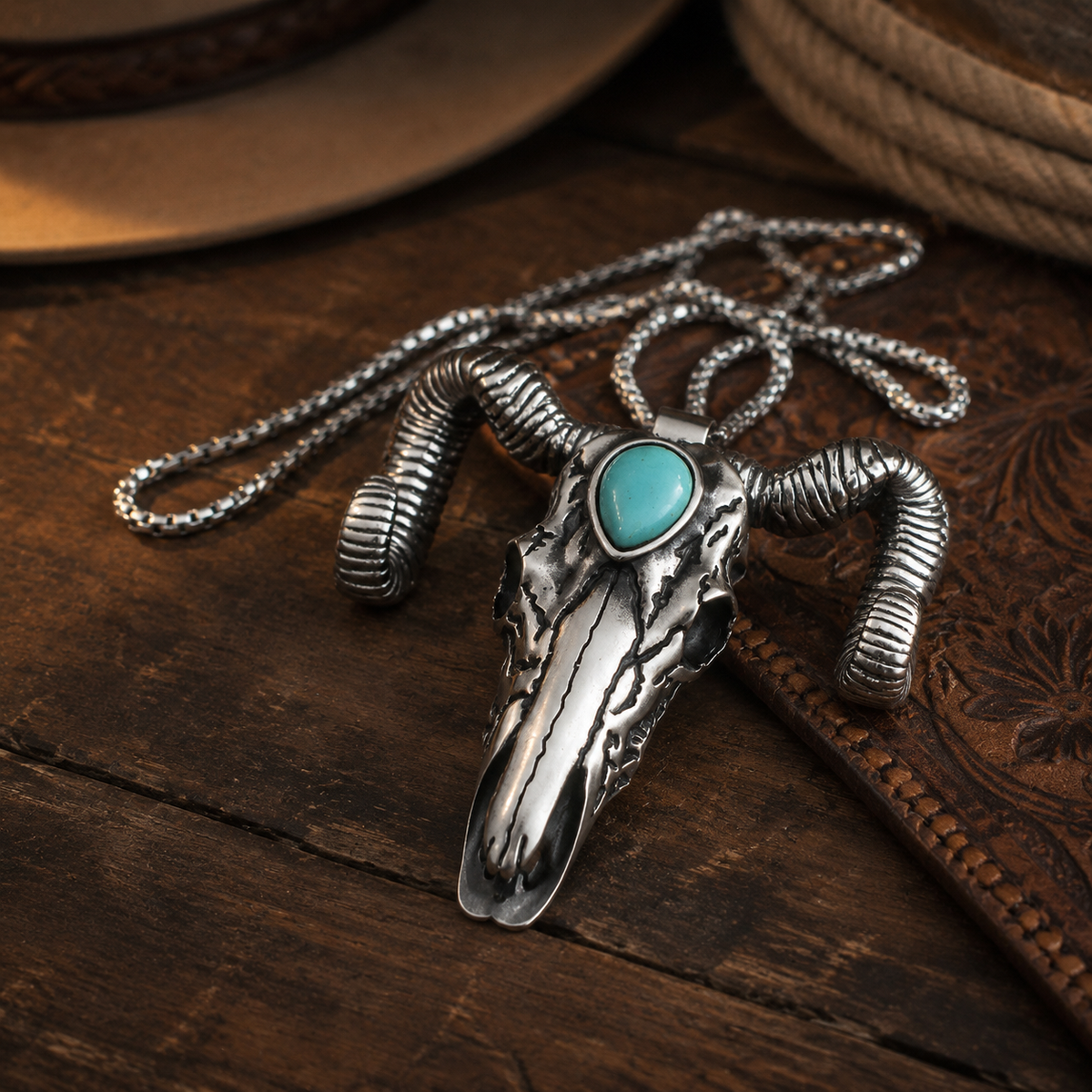 Handcrafted Western Turquoise Ram Skull Necklace & Belt Clip
