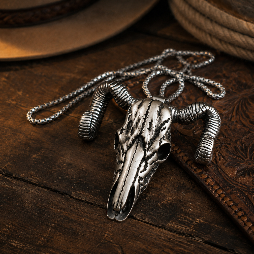 Handcrafted Western Antique Silver Ram Skull Necklace & Belt Clip