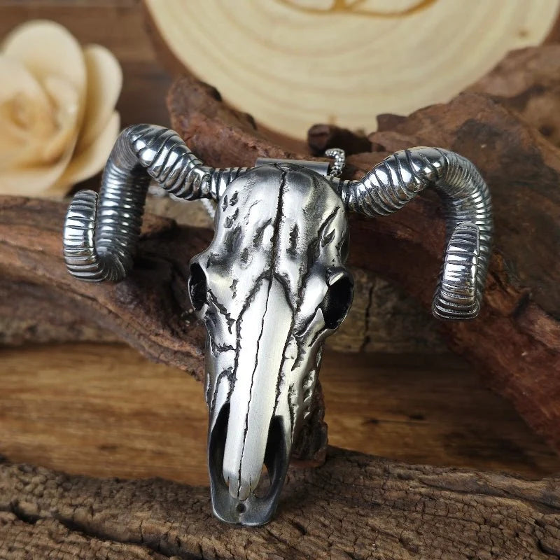Handcrafted Western Antique Silver Ram Skull Necklace & Belt Clip