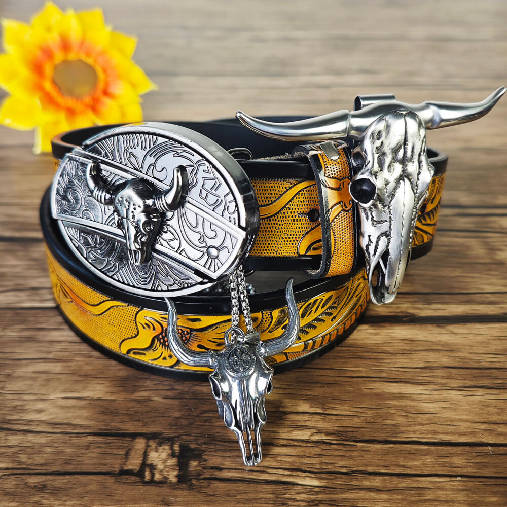 Western Rugged Bull Set – Brown Belt & Necklace Combo (3-Piece)