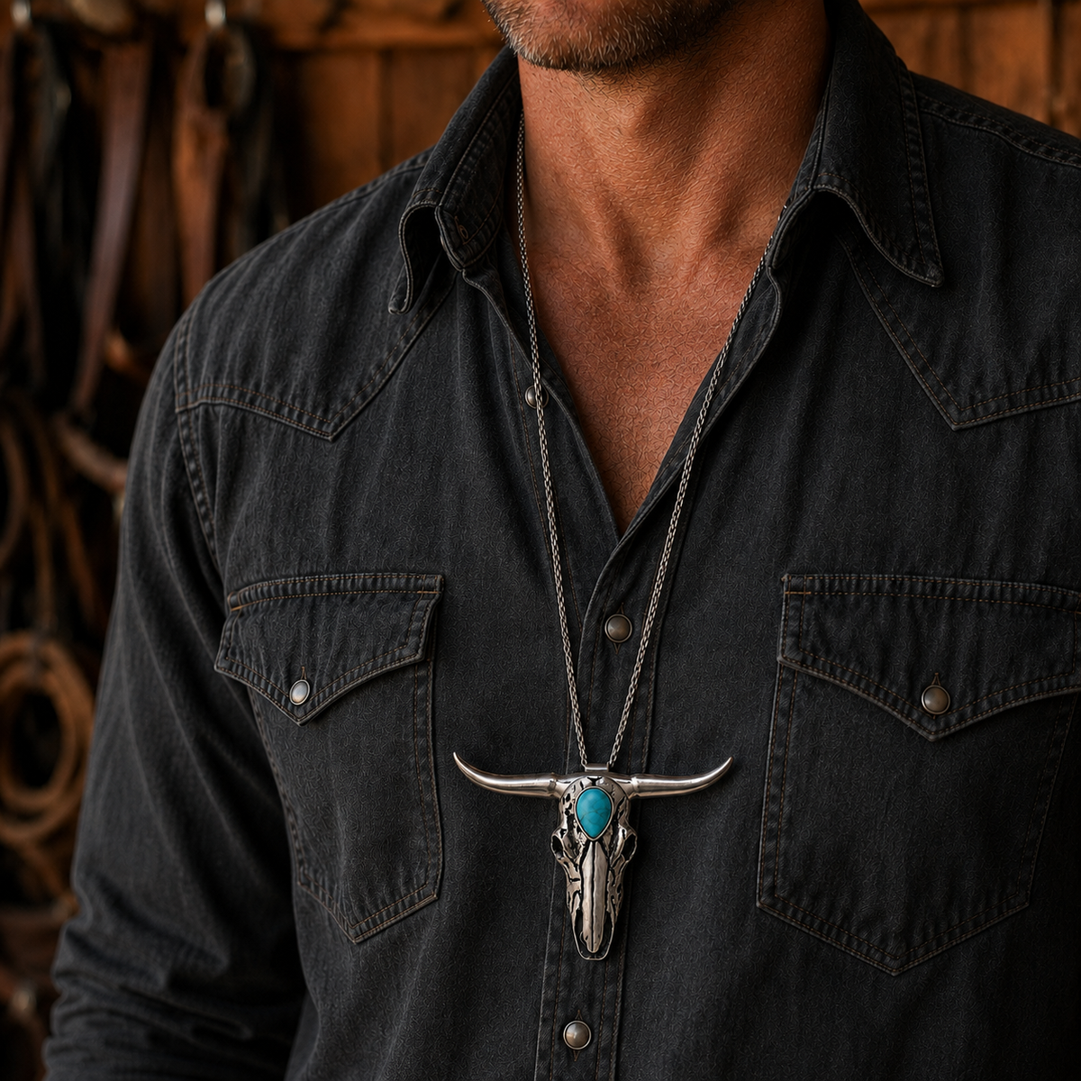 Handcrafted Western Turquoise Longhorn Skull Necklace & Belt Clip