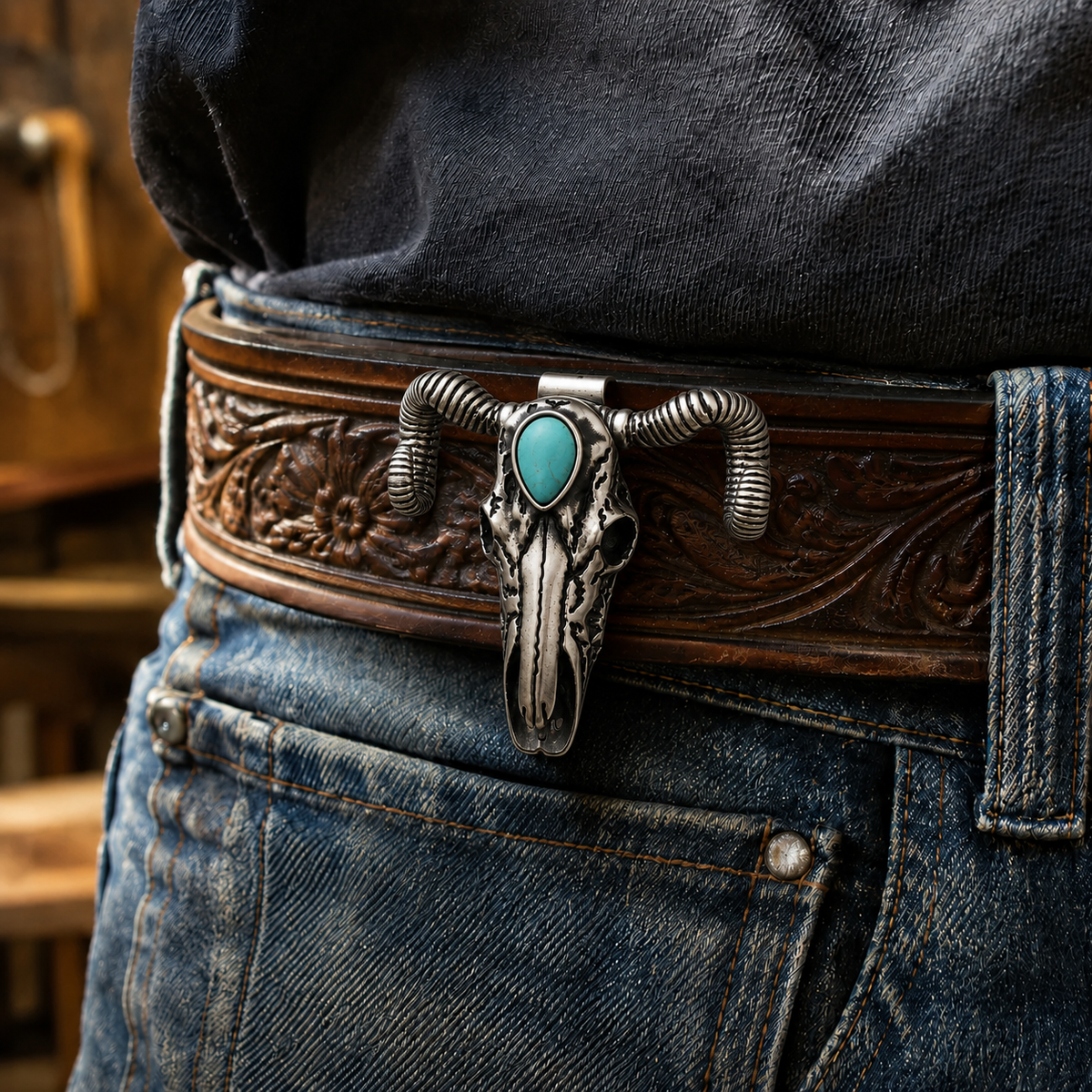Handcrafted Western Turquoise Ram Skull Necklace & Belt Clip