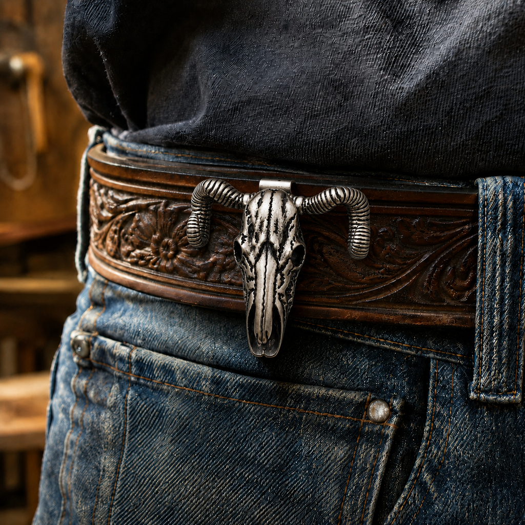 Handcrafted Western Antique Silver Ram Skull Necklace & Belt Clip