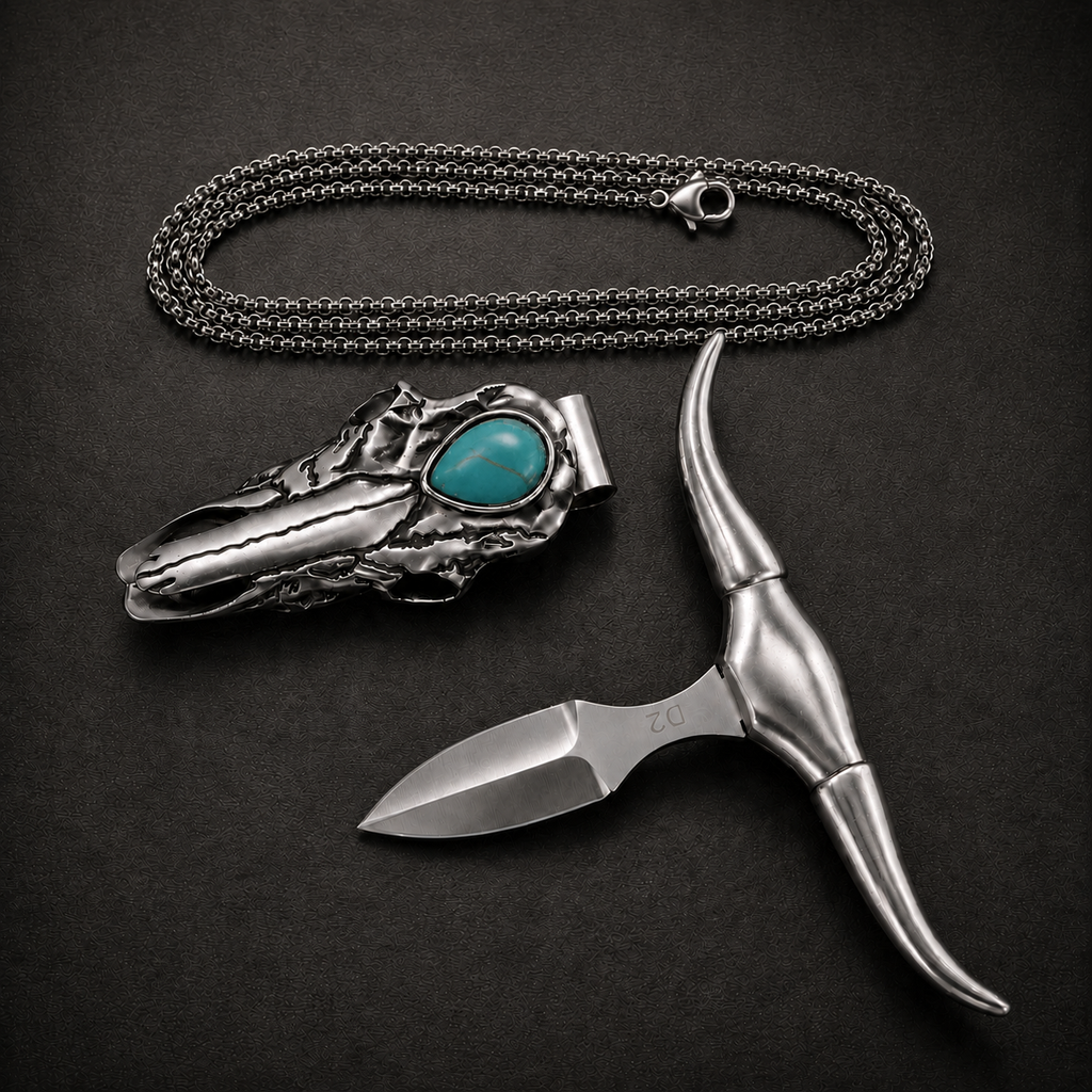 Handcrafted Western Turquoise Longhorn Skull Necklace & Belt Clip