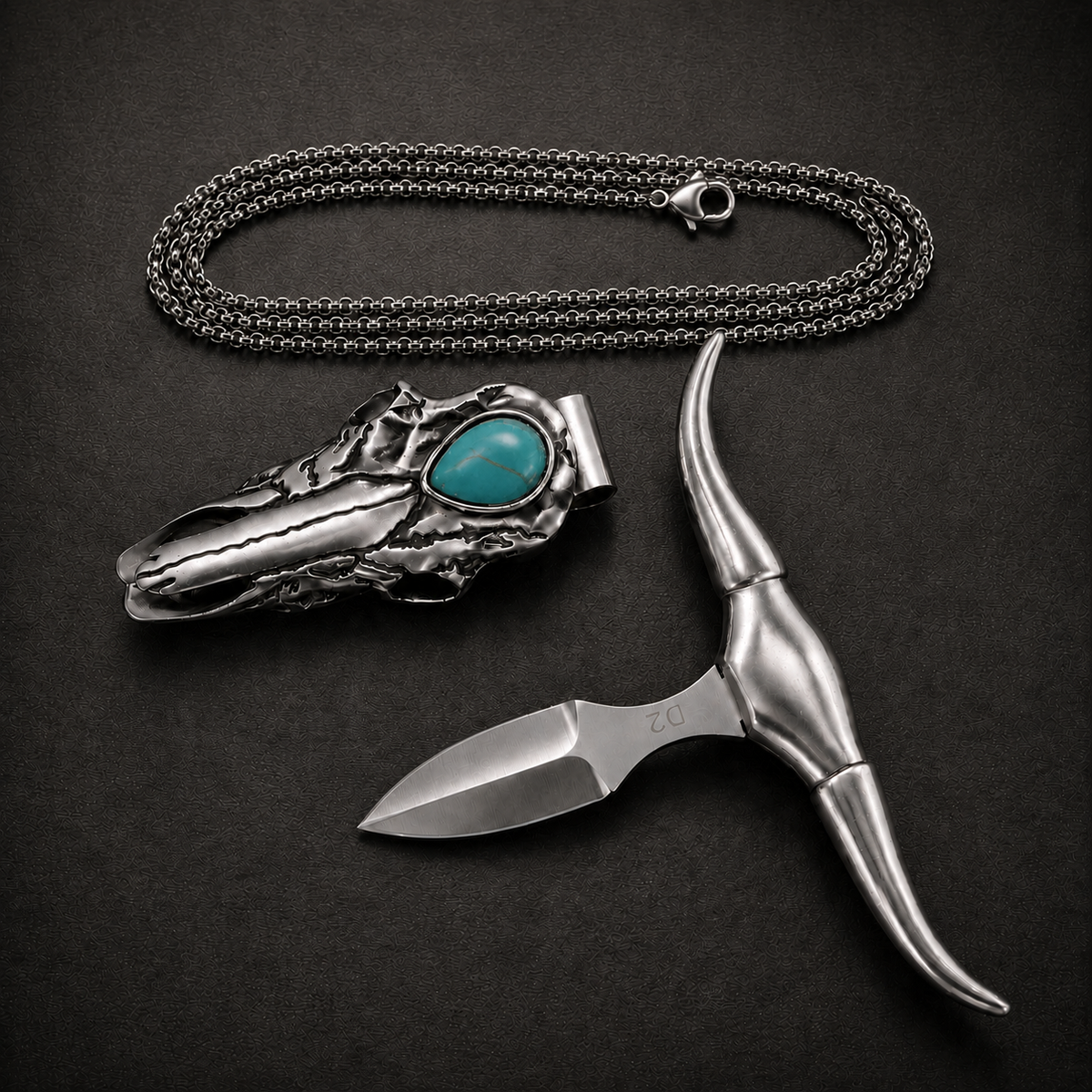 Handcrafted Western Turquoise Longhorn Skull Necklace & Belt Clip