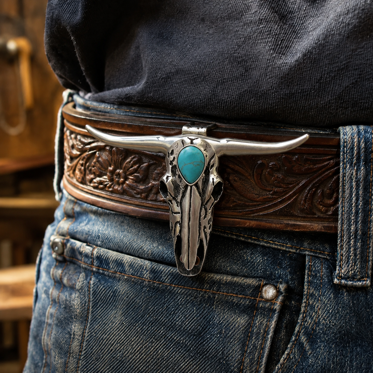 Handcrafted Western Turquoise Longhorn Skull Necklace & Belt Clip