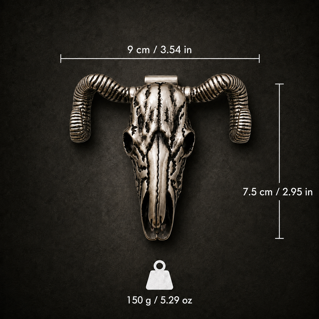 Handcrafted Western Antique Silver Ram Skull Necklace & Belt Clip