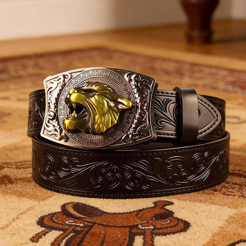 Black Tooled Western Leather Belt with Square Buckle