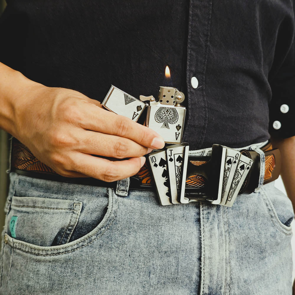 Western Aces Style EDC Set – Utility Buckle, Lighter Belt & Ring (3-Piece)