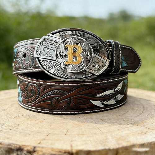 Feather Embossed Western Genuine Leather Belt