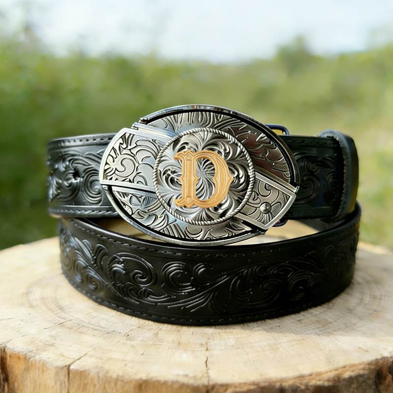 Western Letter Buckle Black Genuine Leather Belts