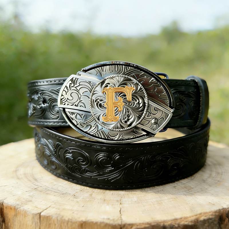 Western Letter Buckle Black Genuine Leather Belts