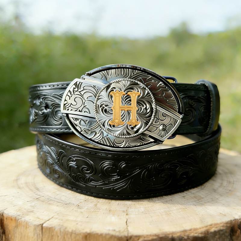 Western Letter Buckle Black Genuine Leather Belts