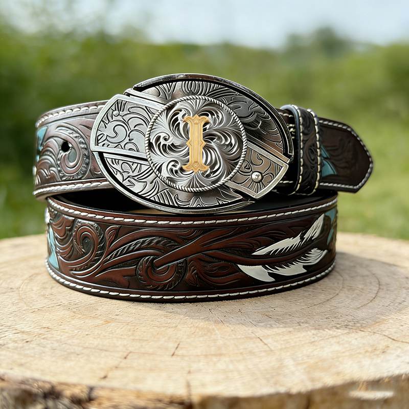 Feather Embossed Western Genuine Leather Belt