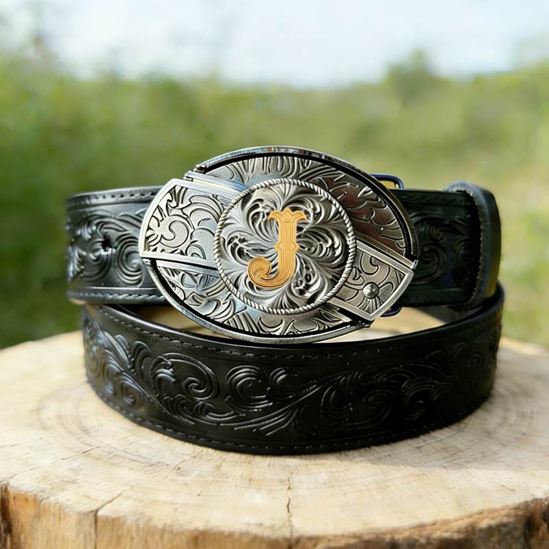 Western Letter Buckle Black Genuine Leather Belts