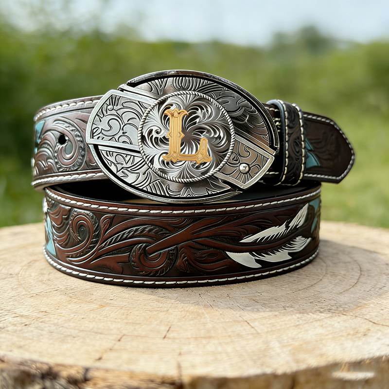 Feather Embossed Western Genuine Leather Belt