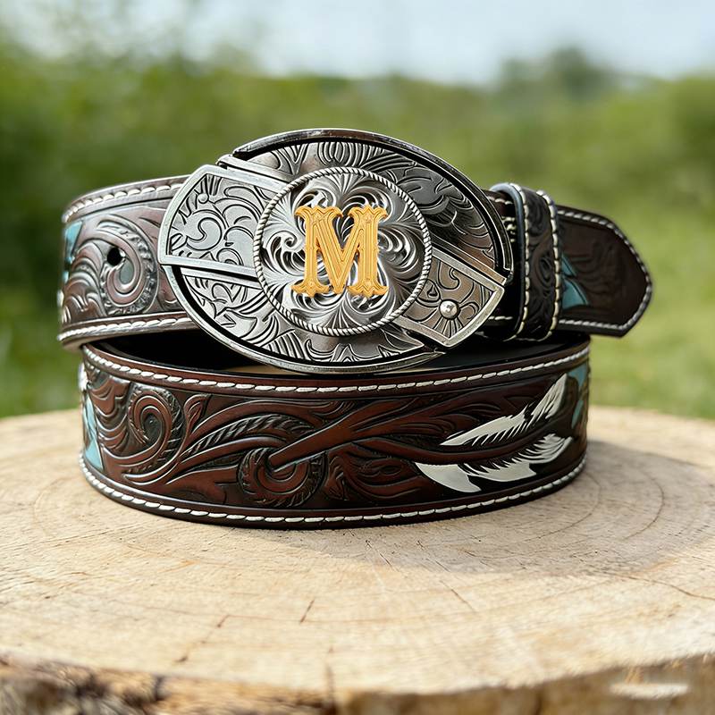 Feather Embossed Western Genuine Leather Belt