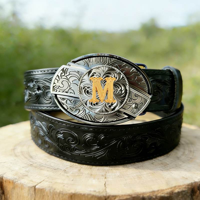 Western Letter Buckle Black Genuine Leather Belts