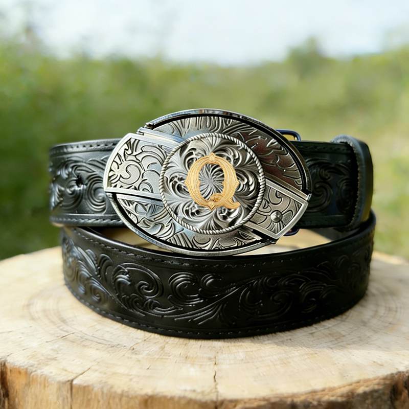 Western Letter Buckle Black Genuine Leather Belts