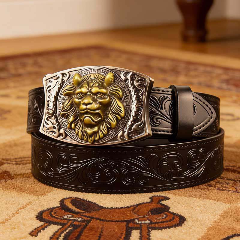 Black Tooled Western Leather Belt with Square Buckle