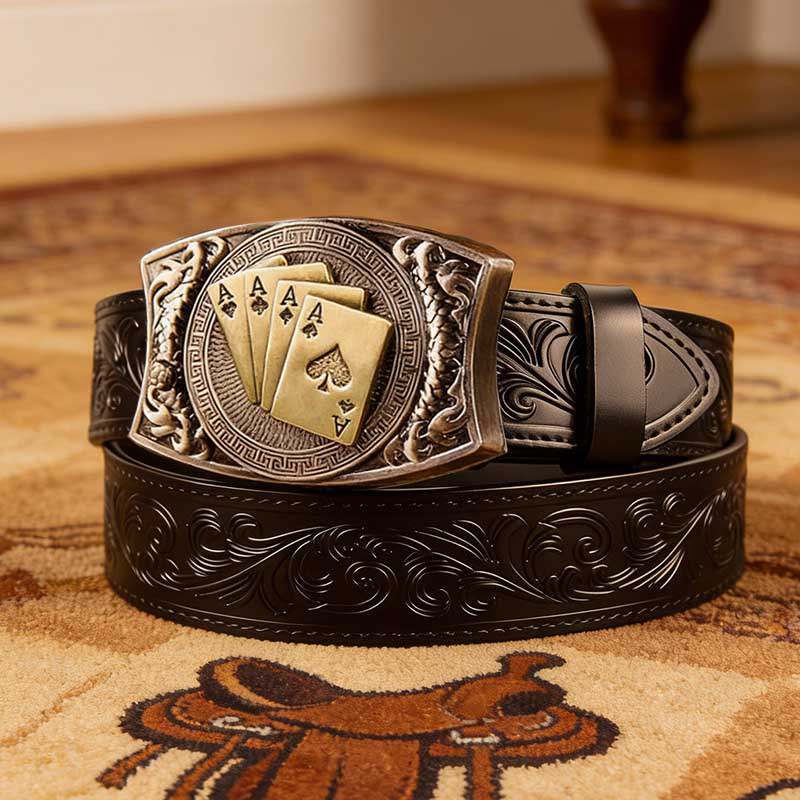 Black Tooled Western Leather Belt with Square Buckle