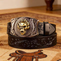 Black Tooled Western Leather Belt with Square Buckle