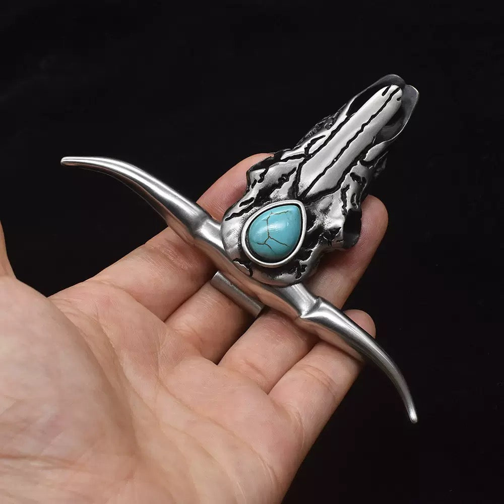 Western Turquoise Longhorn  Skull Necklace Buckle