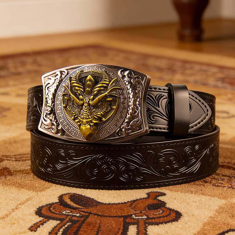 Black Tooled Western Leather Belt with Square Buckle