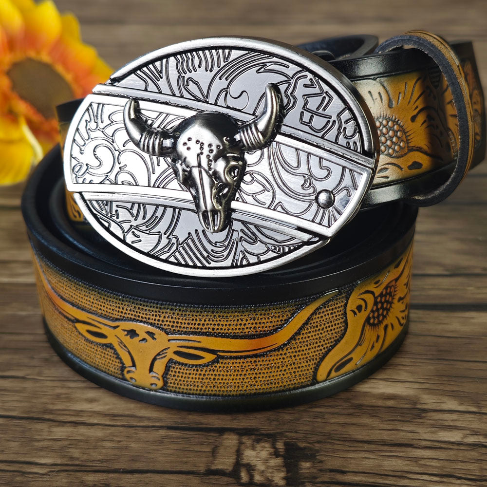 Western Rugged Bull Set – Brown Belt & Necklace Combo (3-Piece)