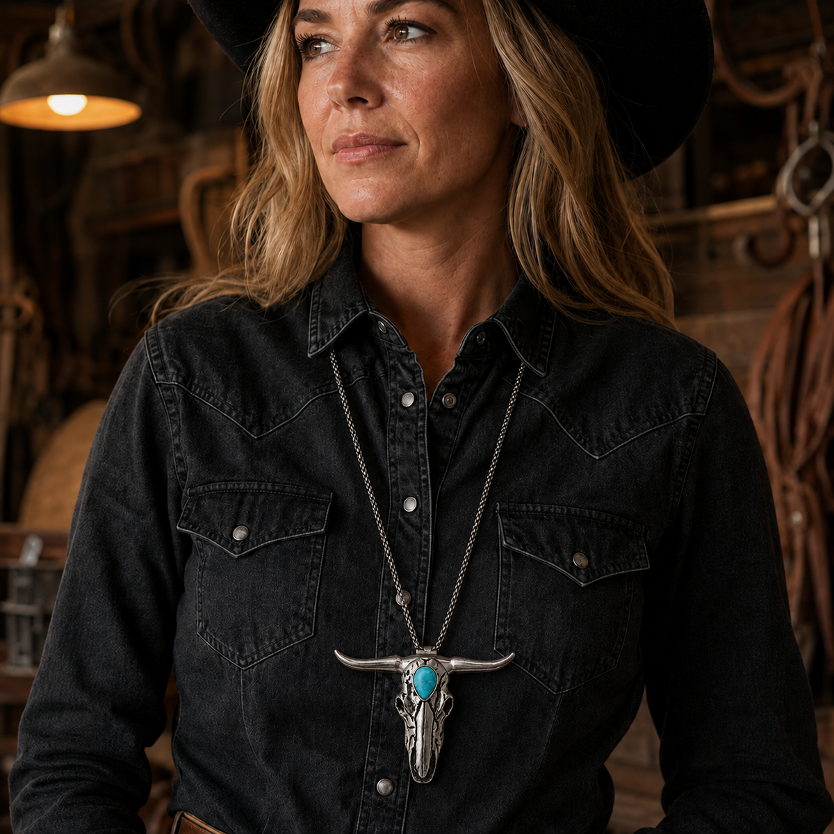 Handcrafted Western Turquoise Longhorn Skull Necklace & Belt Clip