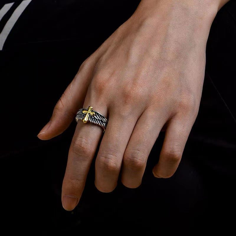 Western Angel Wings with Cross Open Ring