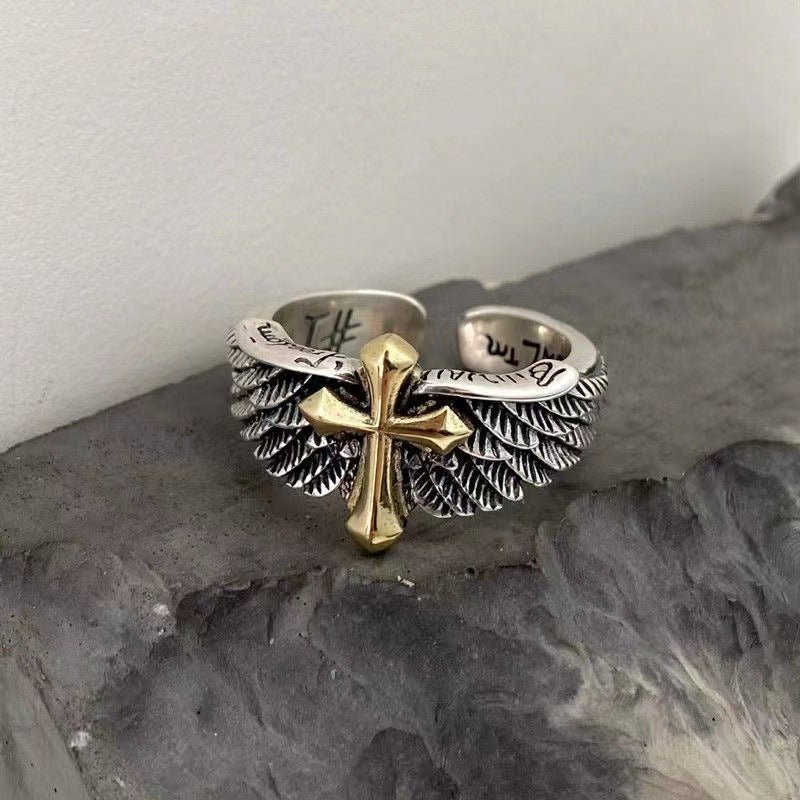 Western Angel Wings with Cross Open Ring