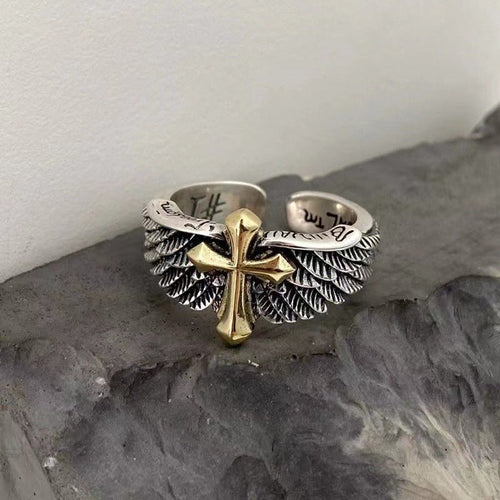 Western Angel Wings with Cross Open Ring