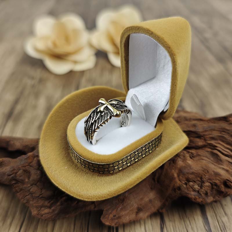 Western Angel Wings with Cross Open Ring