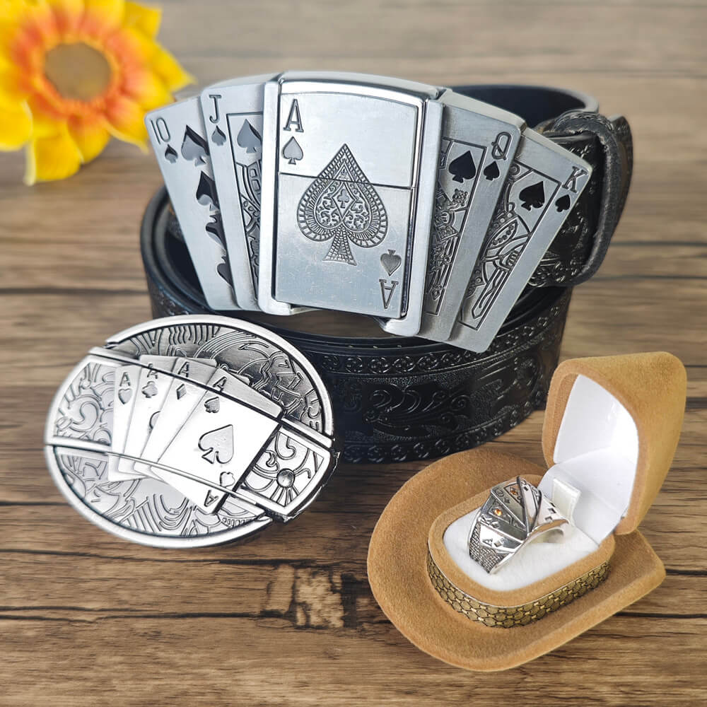 Western Aces Style EDC Set – Utility Buckle, Lighter Belt & Ring (3-Piece)