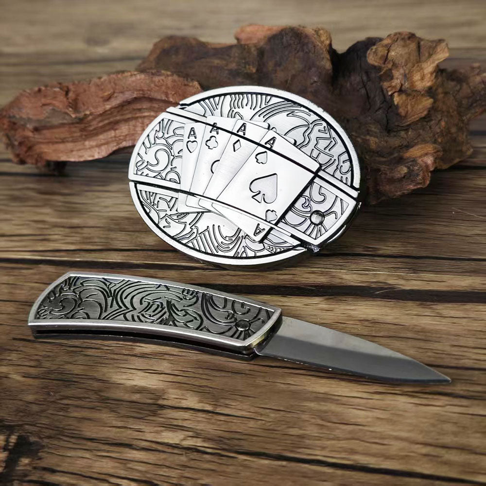 Western Aces Style EDC Set – Utility Buckle, Lighter Belt & Ring (3-Piece)