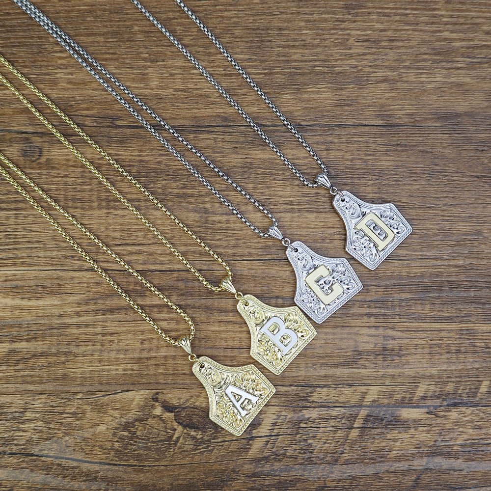 Western Initial Cow Tag Necklace Gold and Silver