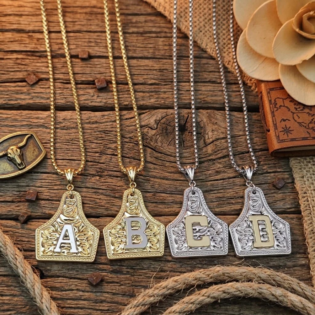 Western Initial Cow Tag Necklace Gold and Silver
