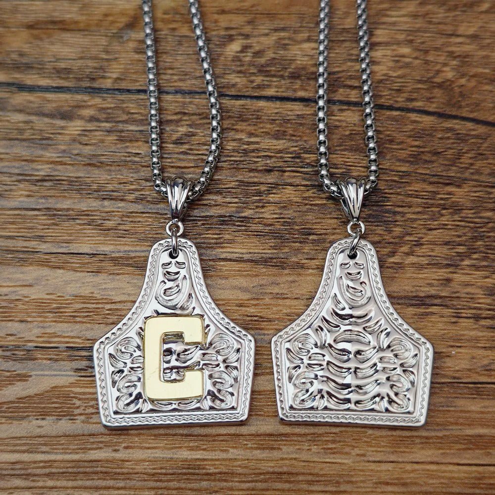 Western Initial Cow Tag Necklace Gold and Silver