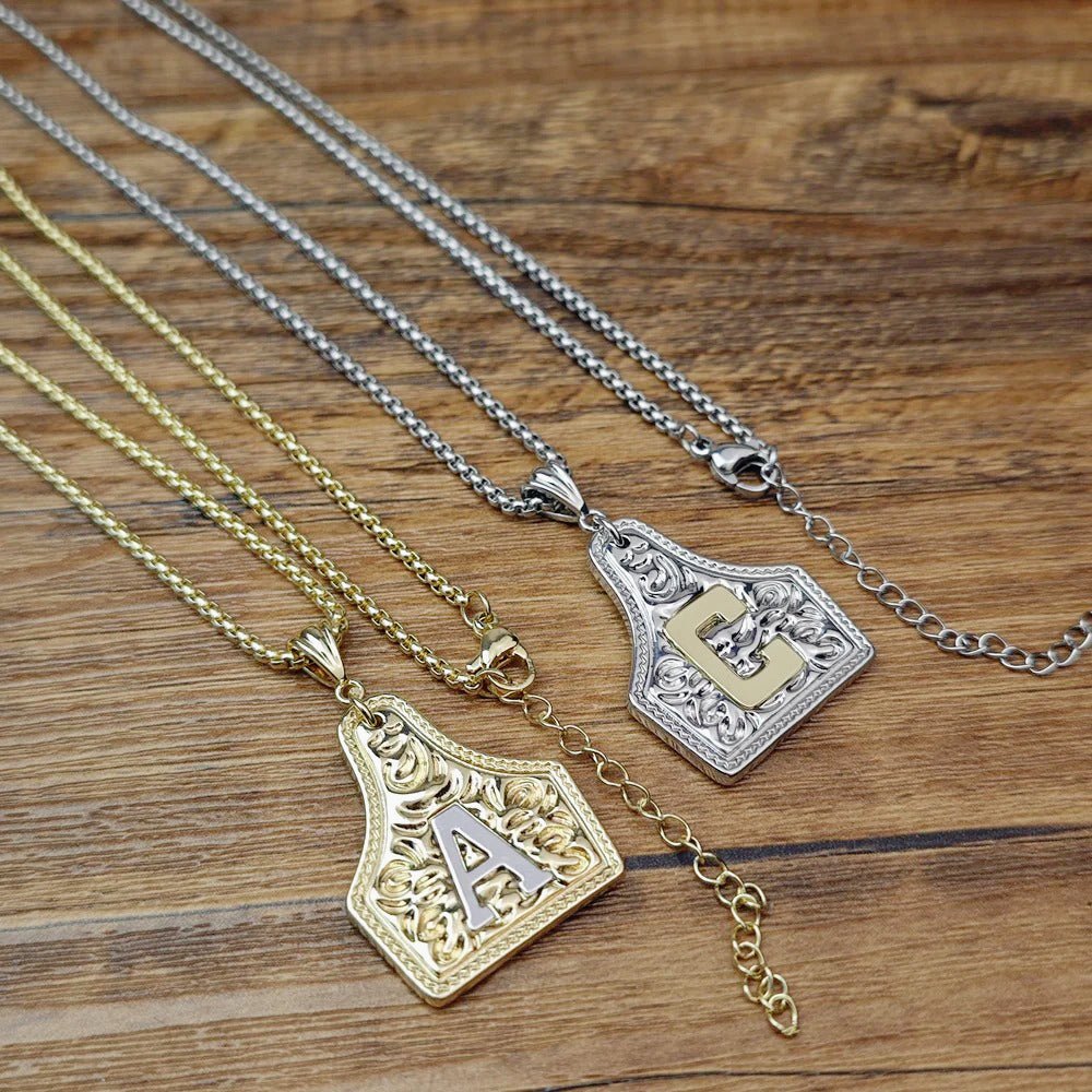 Western Initial Cow Tag Necklace Gold and Silver