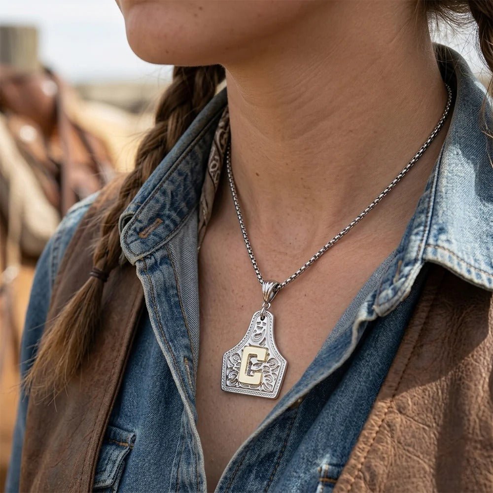 Western Initial Cow Tag Necklace Gold and Silver