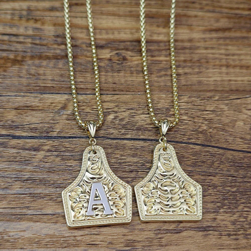 Western Initial Cow Tag Necklace Gold and Silver