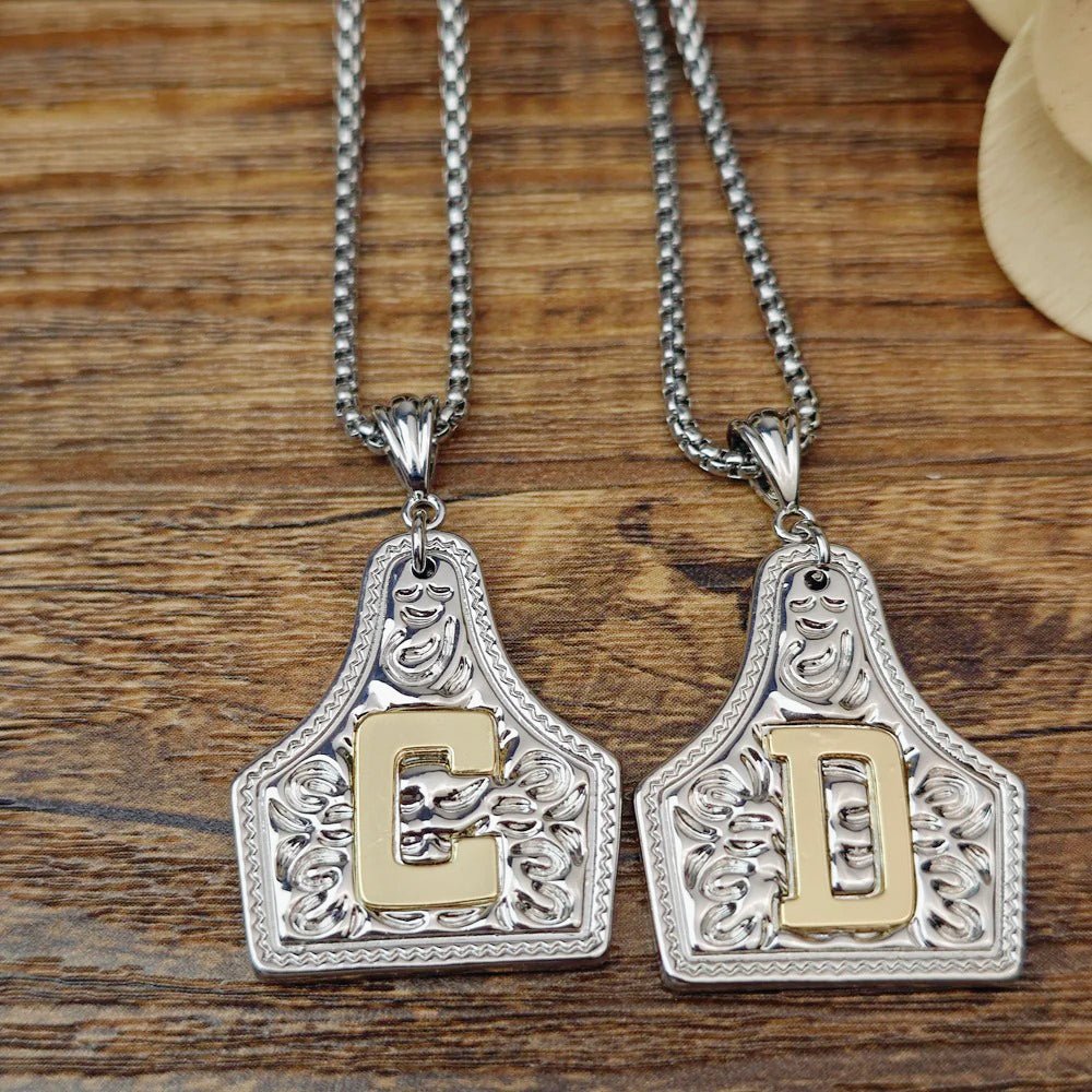 Western Initial Cow Tag Necklace Gold and Silver