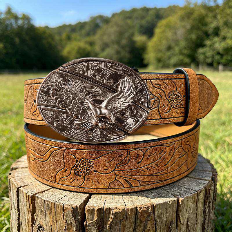 Western PU Embossed Leather Belt - with Square Buckle