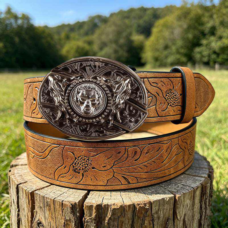 Western PU Embossed Leather Belt - with Square Buckle