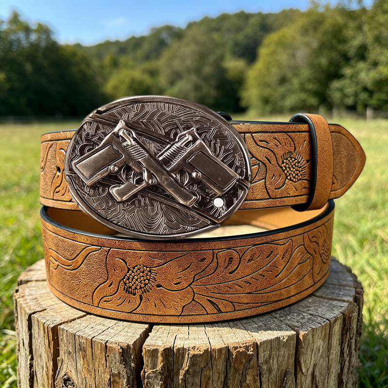 Western PU Embossed Leather Belt - with Square Buckle