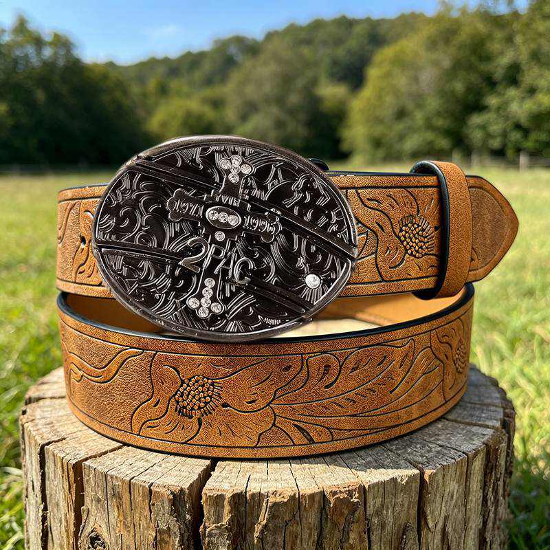 Western PU Embossed Leather Belt - with Square Buckle