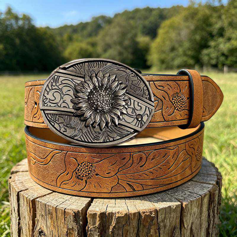 Western PU Embossed Leather Belt - with Square Buckle