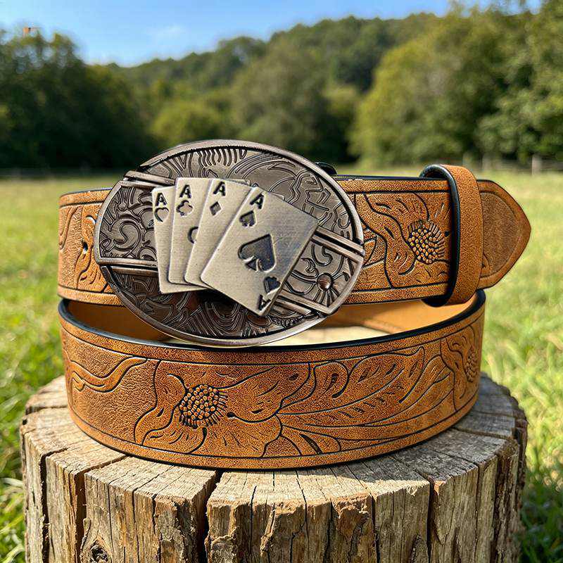 Western PU Embossed Leather Belt - with Square Buckle